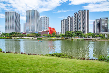 Naklejka premium Buildings on the Jiaomen Riverside in Nansha Free Trade Zone, Guangzhou, China