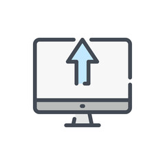 Upload to computer color line icon. PC with arrow up vector outline colorful sign.