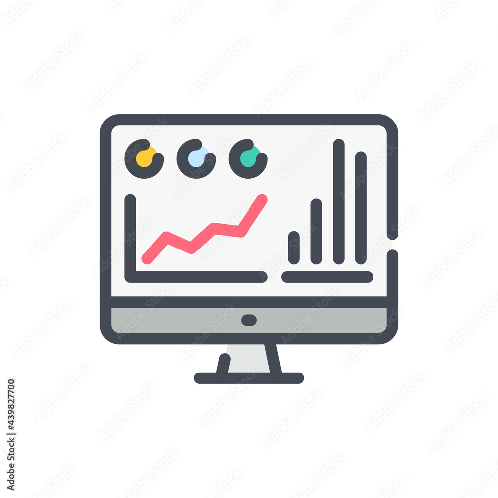 Poster online statistics and analytics color line icon. computer with chart, graph and data report vector o