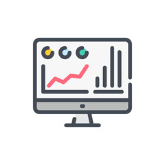 Online statistics and analytics color line icon. Computer with chart, graph and data report vector outline colorful sign.
