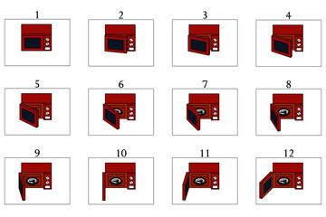 Animation of a red microwave oven. Animation of opening a microwave with slice of pizza in 12 frames. 