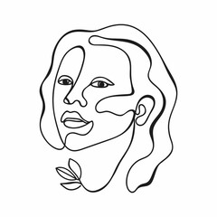 Vector illustration women's face in one line art style with leaves. Continuous line art in elegant style for print,  posters, tattoo, textile, cards. Beautiful women face.