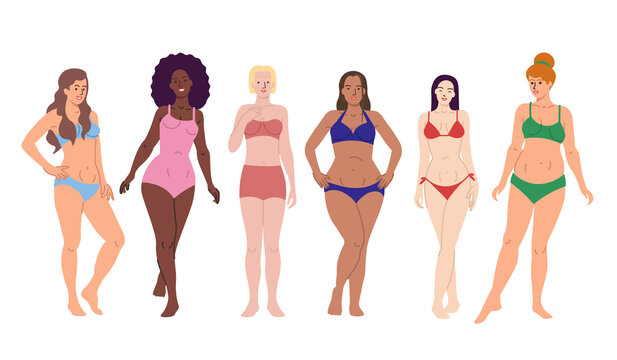 Women of different color and body types dressed in swimwear. Body positive movement. Love your body. Vector illustration.