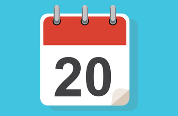 Day Twenty. Simple calendar with date 20. Flat calendar icon vector illustration. calendar icon flat day 20. Vector illustration. Calendar lined icon