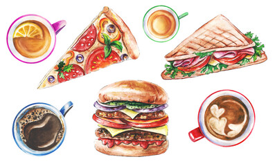 Watercolor set of ready meals on an isolated background. Hamburger with cheese and tomato. Pizza with olives and pepperoni. Sandwich with bacon and lettuce. Hot drink in a mug, tea, coffee. Breakfast
