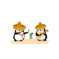 Cute pair of penguins in Mexican sombrero with maracas, guitar and cactus.