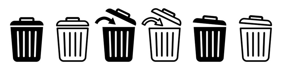 Set of trash cans icons. Trash can sign. Office trash icon. Trash can with arrow. Vector Illustration.