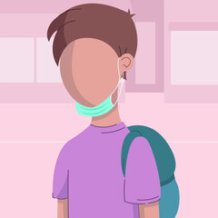 Young man wearing protective face mask below chin. Man shows how to wear a mask incorrectly. Medical face mask in modern life concept flat vector illustration.