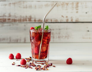 Cold sparkling hibiscus or karkade tea with lemon, mint, and ice in glass on a wooden table.