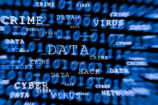 Abstrakter Hintergrund mit bin&auml;ren Zahlen und den Schlagw&ouml;rtern DATA HACK VIRUS oder CRIME