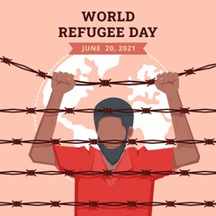 World refugee day background with muslim man behind barbed wire seeking for home. Flat style vector illustration concept of illegal immigrant awareness campaign for banner and poster.