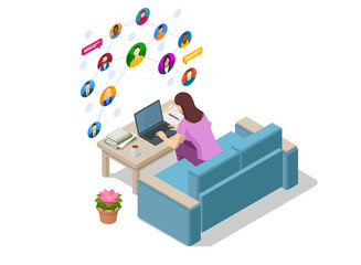 Isometric social network concept. Woman laptop using ,Social, media, Marketing concept. Online messaging service. Chatting mobile application