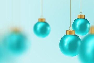 Christmas ball Motion blur effect. Happy New Year and Merry Christmas. Background with realistic 3d blue Xmas jewels balls hanging on ribbon.