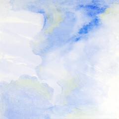 Watercolor light blue background. Painted texture. Hand drawn watercolor. Artistic background with copy space for design. Web banner. Abstract transparent pale  fresh background. 