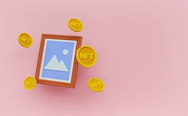 concept of NFT. Non Fungible Token. minimal design. 3d rendering