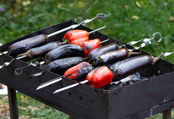 Grilled on barbecue fresh eggplants and red peppers on sticks as ingredients for Armenian Vegetable Salad khorovats
