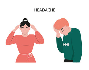 People with headaches. A girl and a guy who have a headache. People with a bad mood due to discomfort. Clipart, an isolated design element on a white background.
