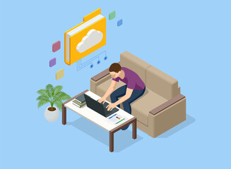 Isometric Cloud Technology. Man Working From Home. Global Outsourcing, People Using Cloud System in Distant Work and Data Storage. Clouds connected documents.