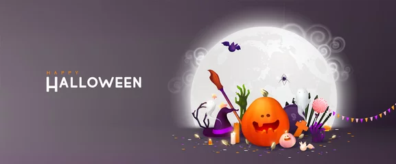 Fotobehang Happy Halloween background, Minimal 3d vector illustration, graphic banner, cute design. Trendy Halloween poster: pumpkin, ghost, spider, cobweb, etc.  © Gluiki