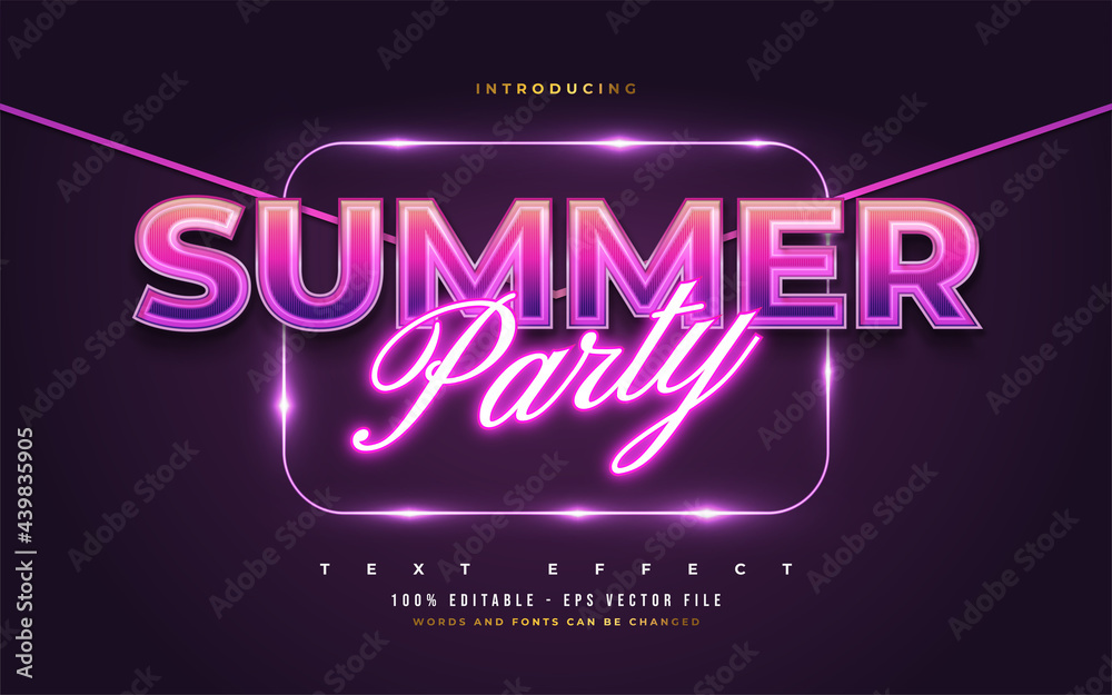 Wall mural summer party text in colorful retro style and glowing neon effect. editable text style effect