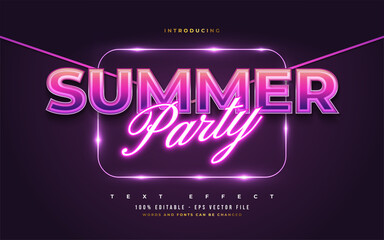 Summer Party Text in Colorful Retro Style and Glowing Neon Effect. Editable Text Style Effect