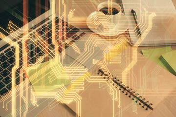 Double exposure of technology theme drawing and desktop with coffee and items on table background. Concept of high tech.