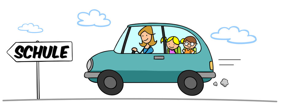 Mutter f&auml;hrt Kinder im Elterntaxi zur Schule