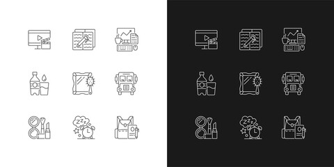 Everyday activities linear icons set for dark and light mode. Watching TV for entertainment at home. Customizable thin line symbols. Isolated vector outline illustrations. Editable stroke