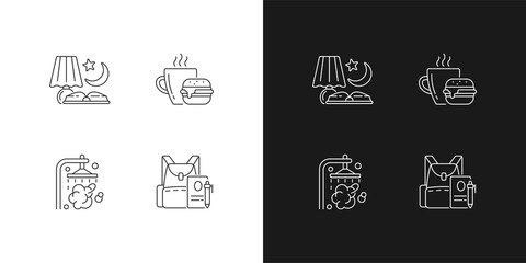 Everyday schedule and routine linear icons set for dark and light mode. Evening reading. Lunch meal. Customizable thin line symbols. Isolated vector outline illustrations. Editable stroke