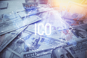 Multi exposure of crypto theme drawing over us dollars bill background. Concept of blockchain success.