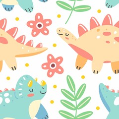 Seamless pattern with dinosaurs and leaves in a cute cartoon style on a white background. Cute children's illustration. Design of wallpaper, packaging, clothing.