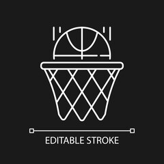 Basketball white linear icon for dark theme. Team sport for exercise. Score goal with ball in hoop. Thin line customizable illustration. Isolated vector contour symbol for night mode. Editable stroke