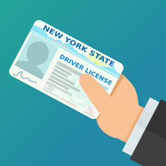 A hand presents a New York state driver's license (flat design)