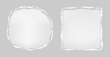 Round and squared holes composition in paper with torn edges and soft shadow are on white background. Vector illustration