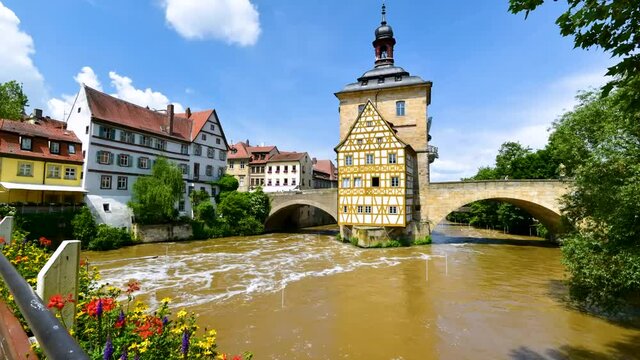 Bamberg, Germany - Timelapse on Regnitz river, Franconia landscape.
