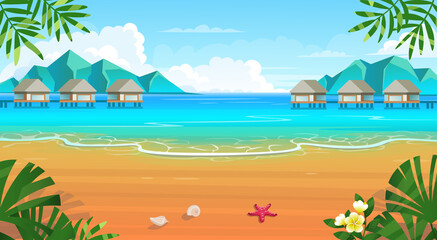 Fototapeta na wymiar Summer tropical beach with sun loungers, table with cocktails, umbrella, mountains and islands. Seaside landscape, nature vacation, ocean or sea seashore.Vector cartoon illustration.