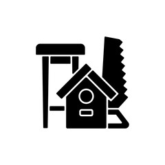 Woodworking black glyph icon. Wood carving. Handcrafted furniture-making. Handmade wooden chairs, tables. Building wood projects. Silhouette symbol on white space. Vector isolated illustration