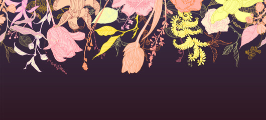 Floral frame set, line flowers, leaves, minimal vector, luxury background.
