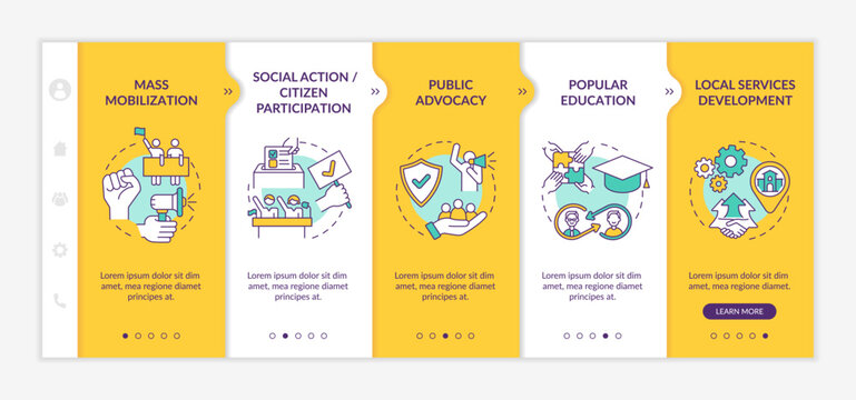 Social unit change strategies onboarding vector template. Responsive mobile website with icons. Web page walkthrough 5 step screens. Mass mobilization color concept with linear illustrations
