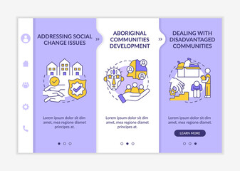 Social unit development targets onboarding vector template. Responsive mobile website with icons. Web page walkthrough 3 step screens. Addressing social issues color concept with linear illustrations
