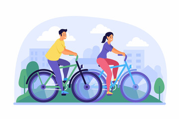 Cycling around city. Couple having fun on their bicycles in green park. Summer sports activities with outdoor fitness. Trips through forest and hiking trails. Vector flat illustration