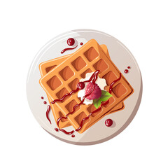 Belgian waffles with berries on the plate. Healthy eating, nutrition, cooking, breakfast menu, fresh food, dessert, recipes, pastry concept. Isolated vector illustration for banner, poster, menu.