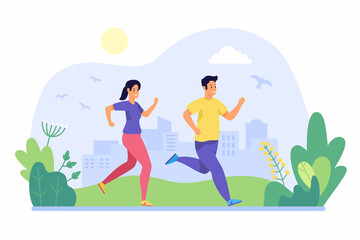 Obraz na płótnie Canvas People jogging in morning. Young man and woman run through city park. Active wellness cardio fitness in fresh summer air. Happy warm time for sports training. Vector flat illustration