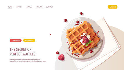 Belgian waffles with berries on the plate. Healthy eating, nutrition, cooking, breakfast menu, fresh food, dessert, recipes, pastry concept. Vector illustration for banner, website, poster, menu. - obrazy, fototapety, plakaty