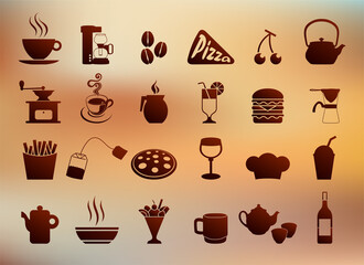 Fototapeta na wymiar Cafe icon set in coffee or chocolate color on blur background