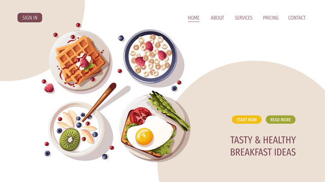 Toast with scrambled egg, yogurt with fruits, waffles, corn rings. Healthy eating, nutrition, cooking, breakfast menu, fresh food concept. Vector illustration for banner, website, poster.