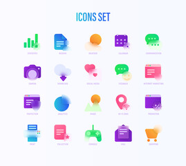 Icons set in glassmorphism style. Statistics, Calendar, Weather, Camera, Feedback, Social Media, Download, Internet Marketing, Wi-Fi Zone. Vector illustration.