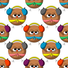 Seamless vector pattern with cute cartoon owl in headphone