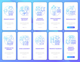 Confronting ethnic injustice onboarding mobile app page screens set. Promote respect walkthrough 5 steps graphic instructions with concepts. UI, UX, GUI vector template with linear color illustrations