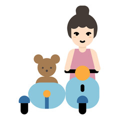 A woman riding motorcycle with a teddy bear on the sidecar